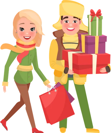Man And Woman With Bags Isolated Vector Merry Christmas Couple Returns From Shopping With Packages Happy Young Family Getting Ready To Xmas Eve Illustration