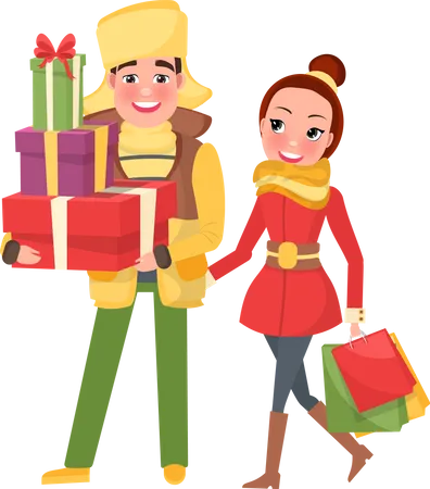 Happy Young Family Getting Ready To Xmas Eve Man And Woman With Bags Isolated Vector Merry Christmas Couple Returns From Shopping With Packages Illustration