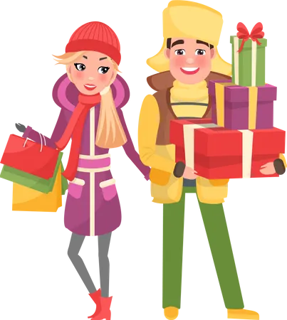 Married Couple On Shopping Man And Woman In Warm Winter Cloth With Wrapped Gift Boxes And Presents Packages With Surprises Xmas Time Celebration Illustration
