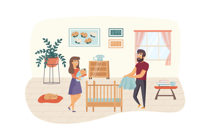 Happy young family with baby  Illustration