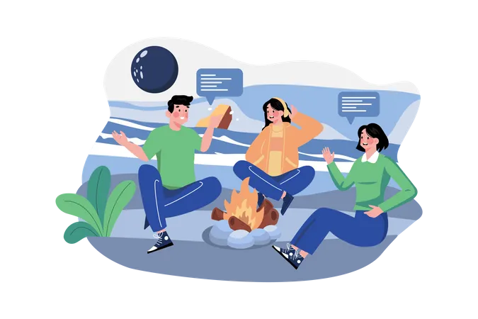 Happy young friends sitting at beach bonfires in a night wood Illustration