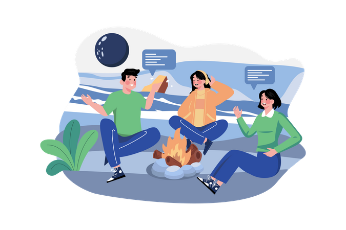 Happy young friends sitting at beach bonfires in a night wood  Illustration