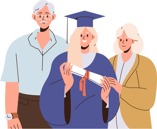 Happy young graduate girl standing with parents on graduation ceremony  Illustration