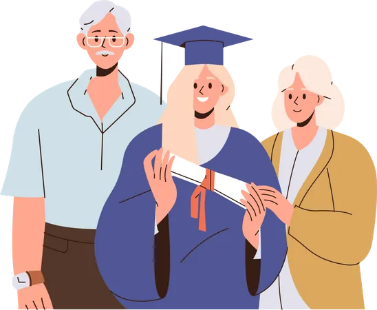 Happy young graduate girl standing with parents on graduation ceremony  Illustration