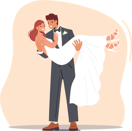 Happy Young Groom Carry Bride on Hands to Altar during Wedding Ceremony  Illustration