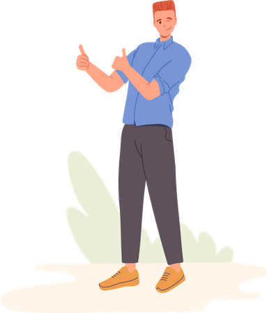 Happy young male winking one eye showing thumbs up with two hands  Illustration