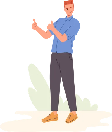 Happy young male winking one eye showing thumbs up with two hands  Illustration