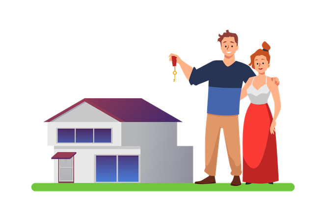 Happy young man and woman holding key to new house  Illustration