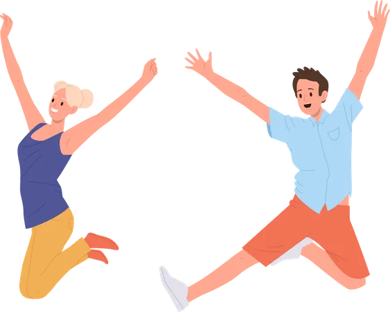 Happy young man and woman jumping feeling positive emotion joyfully cheering  Illustration