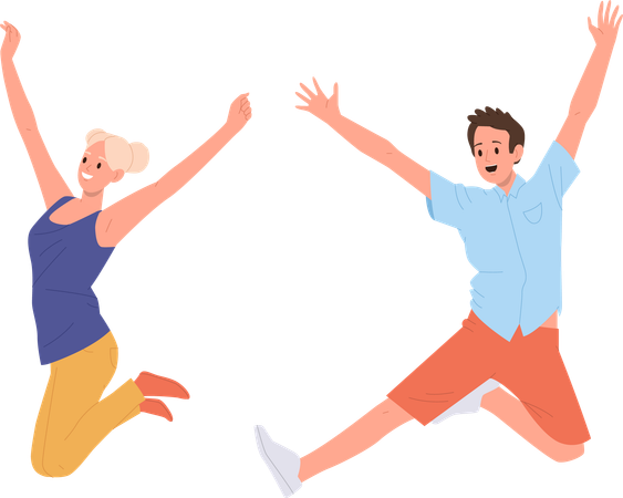 Happy young man and woman jumping feeling positive emotion joyfully cheering  Illustration