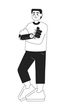 Happy Young Man Crossed Arms And Bionic Hand Monochromatic Flat Vector Character Editable Thin Line Full Body Person With Disability On White Simple Bw Cartoon Spot Image For Web Graphic Design Illustration