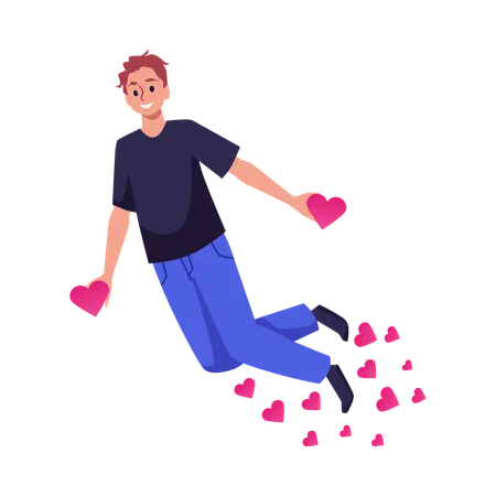 Happy young man flying with hearts  Illustration