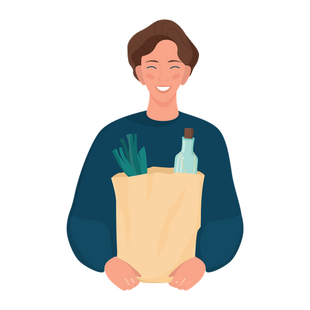 Happy young man holding a grocery paper bag Illustration