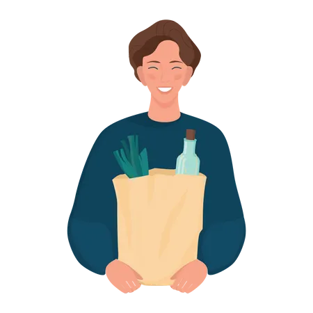Happy young man holding a grocery paper bag  Illustration