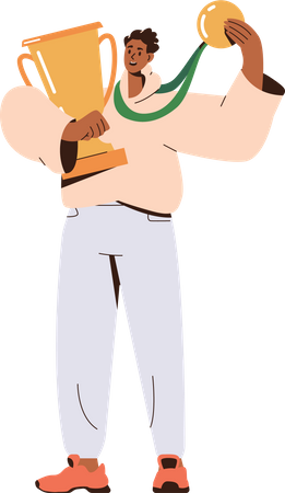 Happy young man holding award cup  Illustration