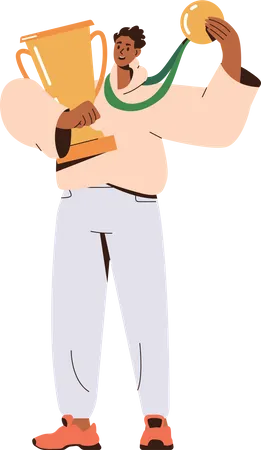 Happy young man holding award cup  Illustration