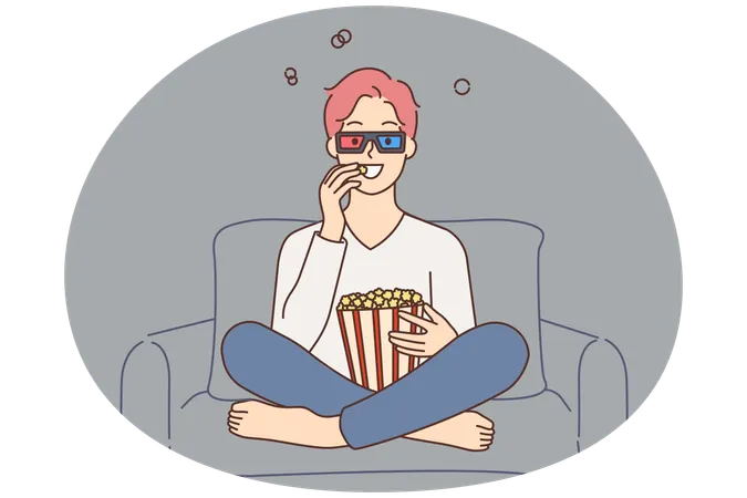 3Dメガネをかけてポップコーンを食べながら映画を見ている幸せな若い男性  イラスト