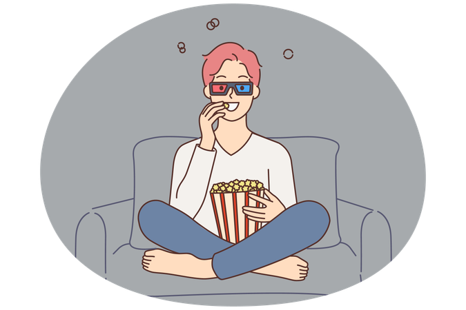 Happy young man in 3d glasses watching movie eating popcorn  Illustration