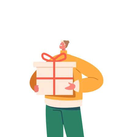 Happy Young Man In Warm Clothes Holding Big Gift Box Wrapped With Festive Bow Isolated On White Background Male Character With Christmas On New Year Present Cartoon People Vector Illustration Illustration