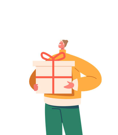 Happy Young Man In Warm Clothes Holding Big Gift Box  Illustration