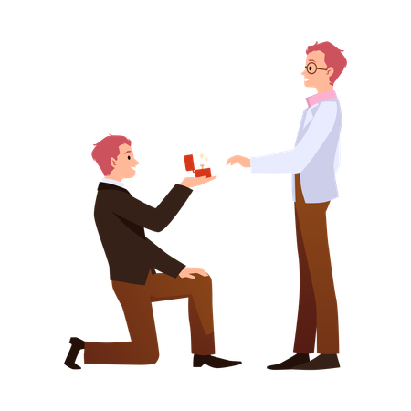 Happy young man making marriage proposal on one knee to boy in glasses  Illustration