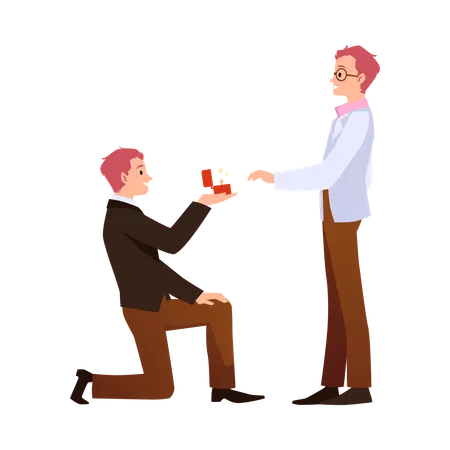 Happy young man making marriage proposal on one knee to boy in glasses  Illustration