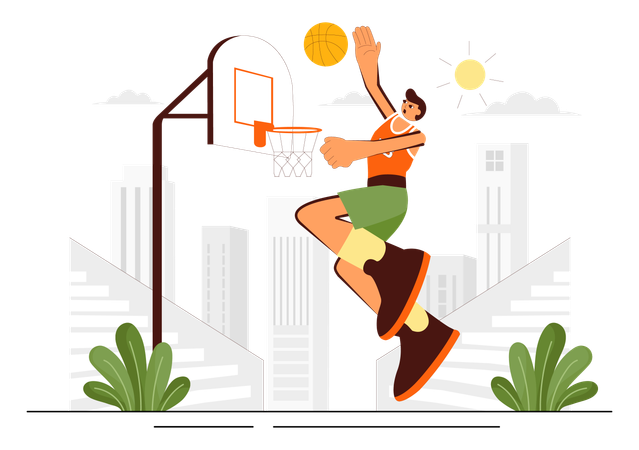 Happy Young Man Playing Basketball Wearing a Basketball Uniform on a Court  Illustration