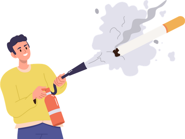 Happy young man putting out cigarette using fire extinguisher  Illustration