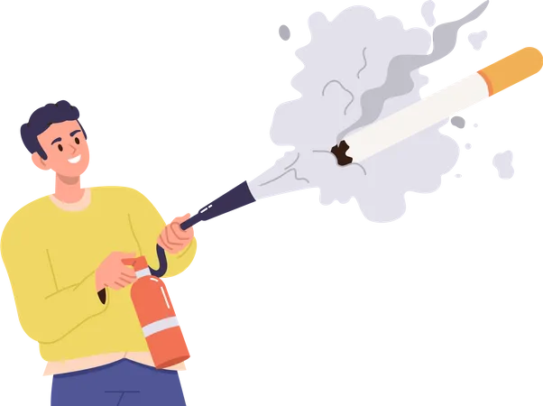 Happy Young Man Flat Cartoon Character Putting Out Cigarette Using Fire Extinguisher Vector Illustration Isolated On White Background Guy Giving Up Unhealthy Smoker Lifestyle Quit Smoking Addiction Illustration