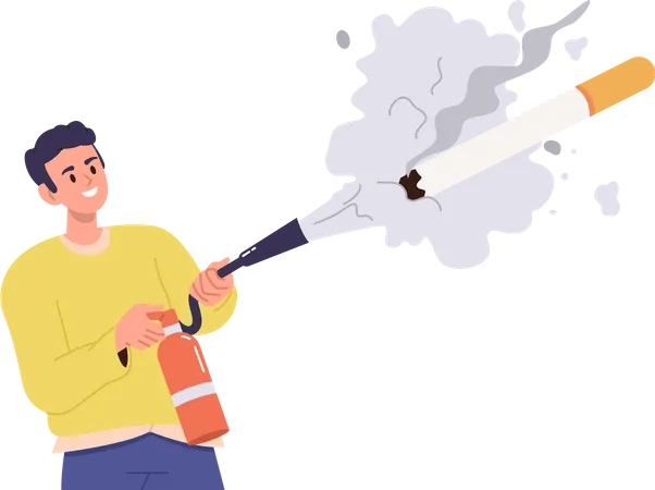 Happy young man putting out cigarette using fire extinguisher  Illustration