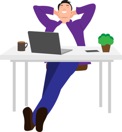 Happy young man reclining in chair with laptop on table  Illustration