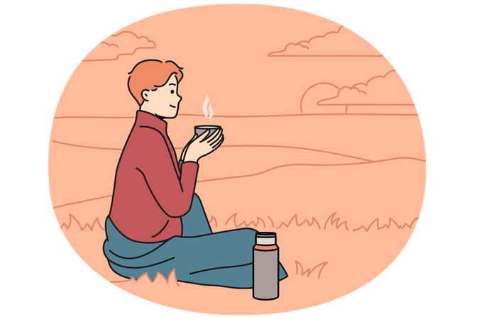 Happy young man sitting in nature drinking tea from thermos  Illustration
