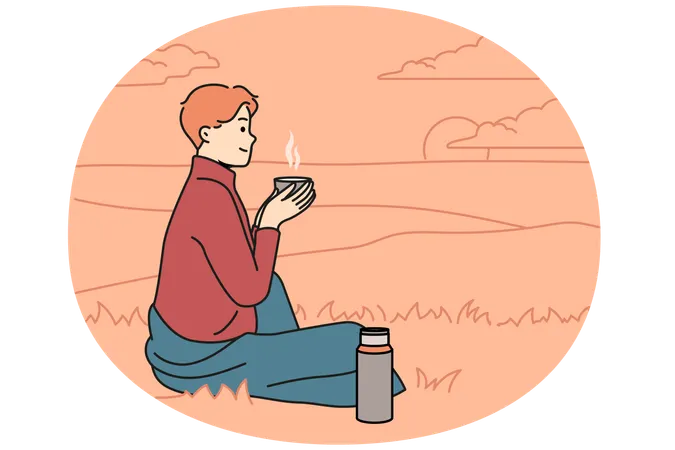 Happy young man sitting in nature drinking tea from thermos  Illustration