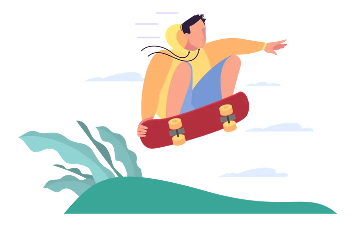 Happy Young Man Skateboarding Handsome Joyful Skateboarder Teenager In Fashion Clothes Isolated Flat Vector Illustration Illustration