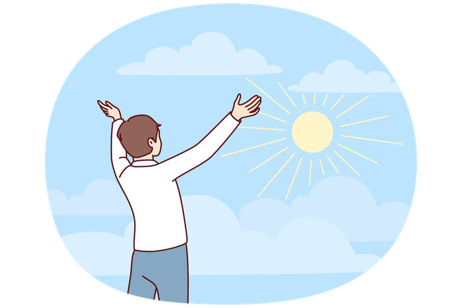 Happy young man stretch hands welcome sun in nature  Illustration