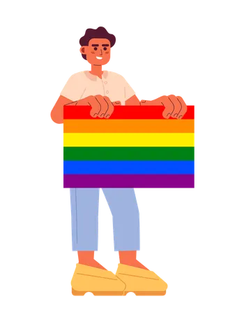 Happy Young Man Supports Lgbt Community Semi Flat Color Vector Character Editable Full Body Man Holds Lgbt Pride Flag On White Simple Cartoon Spot Illustration For Web Graphic Design 일러스트레이션