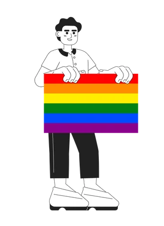 Happy Young Man Supports Lgbt Community Monochromatic Flat Vector Character Editable Thin Line Full Body Man Holds Lgbt Pride Flag On White Simple Bw Cartoon Spot Image For Web Graphic Design Illustration