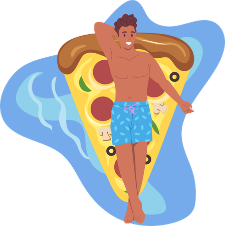 Happy young man tourist sunbathing floating on pizza inflatable rubber mattress  Illustration