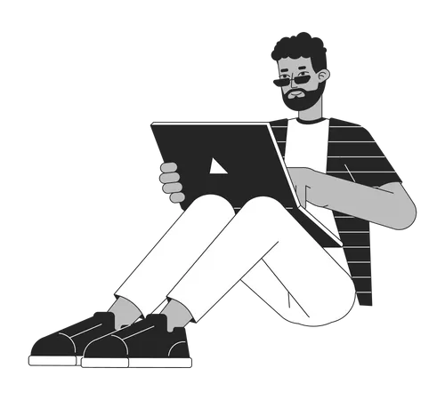 Happy Young Man Sitting With Laptop Flat Line Black White Vector Character Editable Outline Full Body Freelancer Working Simple Cartoon Isolated Spot Illustration For Web Graphic Design Illustration