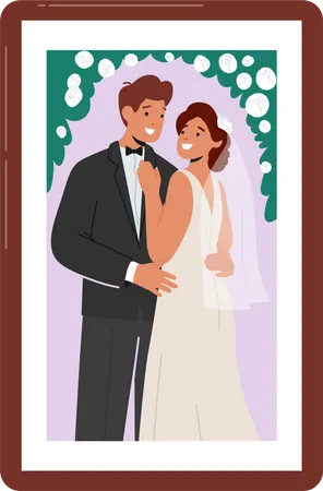 Photo In Frame With Young Groom And Bride Stand Together Smiling Embrace Romantic Setting Flowers Greenery In Background Happy In Love Newlywed Characters Cartoon People Vector Illustration Illustration