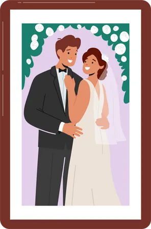 Happy young married couple in photo frame  Illustration