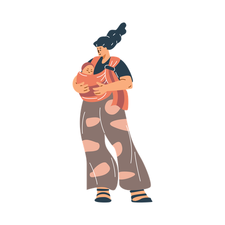 Happy young mother carrying baby in sling  Illustration