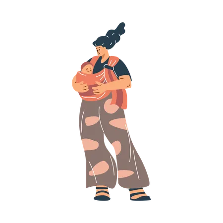 Happy young mother carrying baby in sling  Illustration