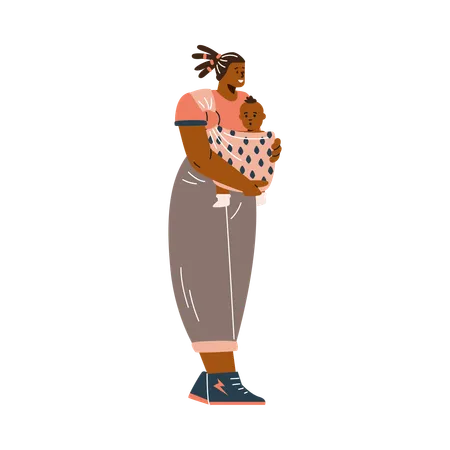 Happy young mother carrying baby in sling  Illustration