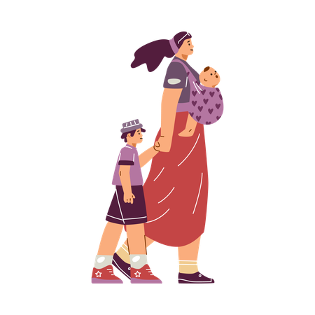 Happy young mother carrying baby in sling  Illustration