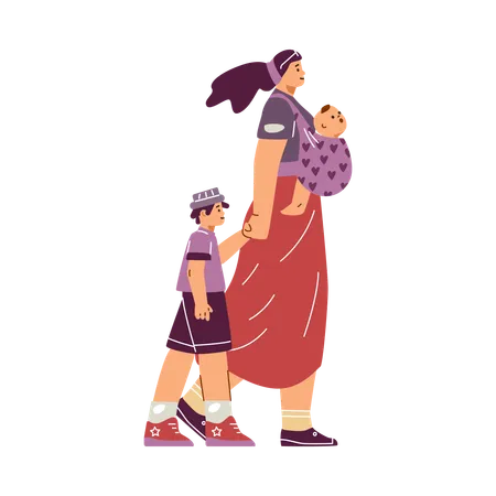 Happy young mother carrying baby in sling  Illustration