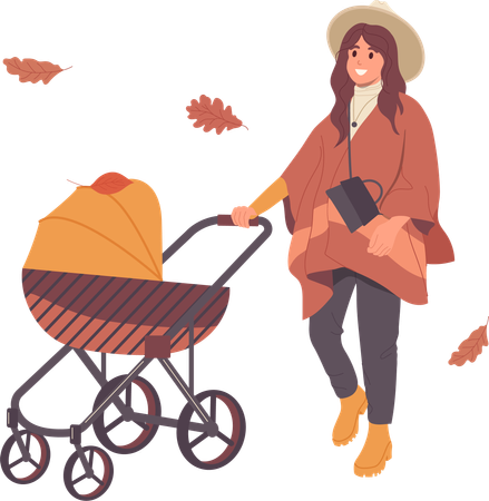 Happy young mother strolling newborn baby among autumn street  Illustration