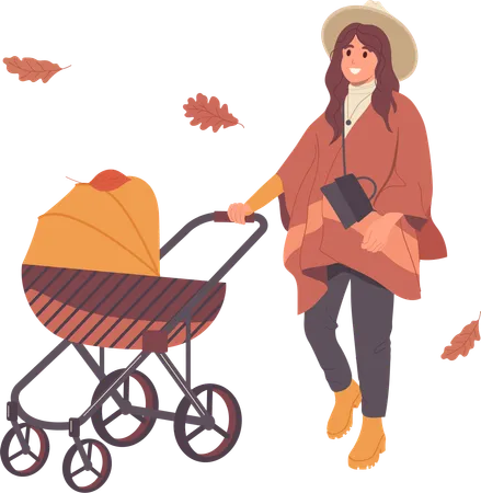 Happy Smiling Young Mother Cartoon Character Strolling Newborn Baby Among Autumn Street Under Falling Leaves Vector Illustration Isolated On White Background Fall Season Walk And Leisure Activity Illustration