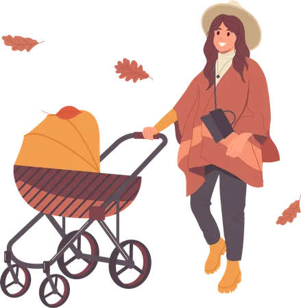 Happy young mother strolling newborn baby among autumn street  Illustration