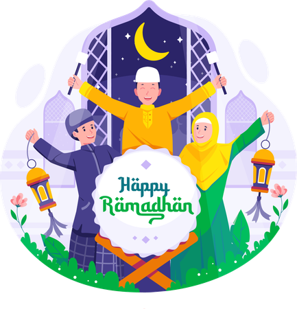 Happy Young Muslim Children celebrate Ramadan Kareem  Illustration